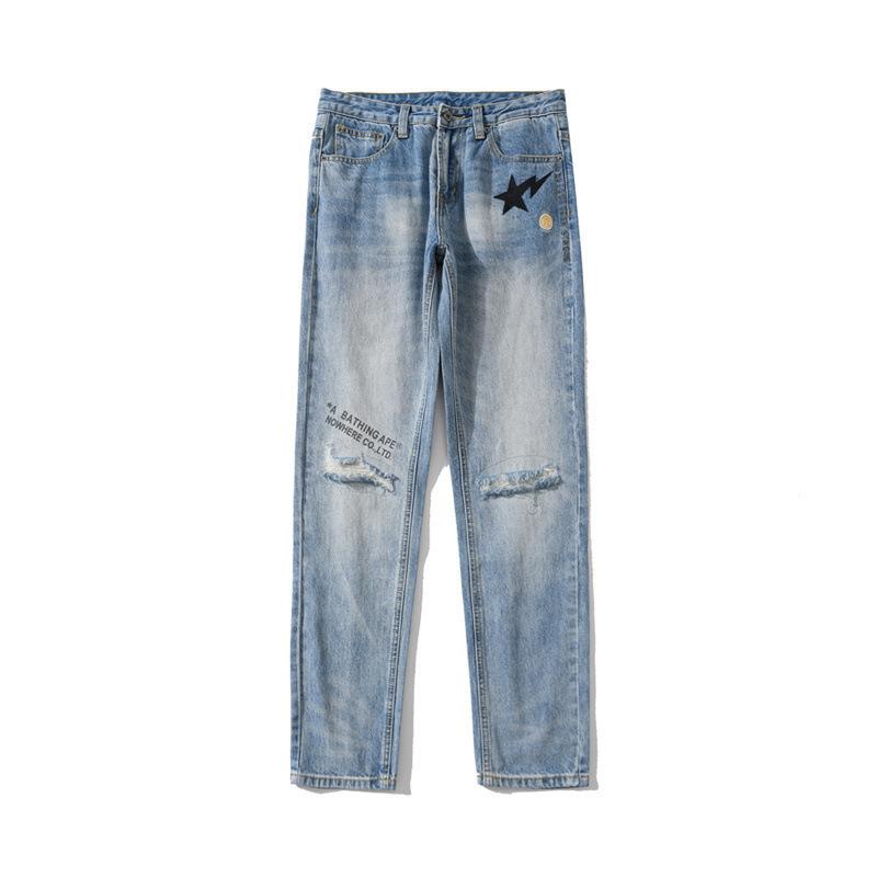 Shark Print Pant Men's Casual Shark Meteor Lightning Washed Ripped Jeans