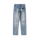 Shark Print Pant Men's Casual Shark Meteor Lightning Washed Ripped Jeans