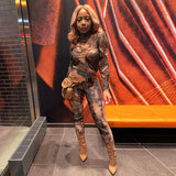 Women's Spring Vintage Printed Skinny Hip Raise Long Sleeve Casual Sports One-Piece Trousers
