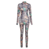 Women's Spring Vintage Printed Skinny Hip Raise Long Sleeve Casual Sports One-Piece Trousers