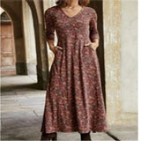 Work Dresses with Pockets Autumn Cotton Printed V-neck Pocket Long Sleeve Dress