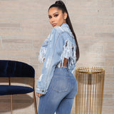 Women Plus Size Denim Coats Short Back Ripped Hollow-out Denim Jacket for Women
