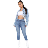 Women Plus Size Denim Coats Short Back Ripped Hollow-out Denim Jacket for Women