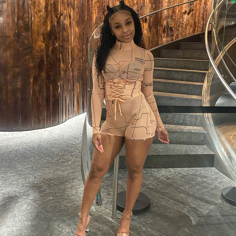 Women's Spring Clothing Sexy Mesh See-through Digital Printed Waist-Controlled Lace-up Jumpsuit for Women