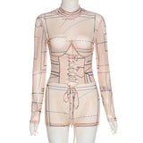 Women's Spring Clothing Sexy Mesh See-through Digital Printed Waist-Controlled Lace-up Jumpsuit for Women