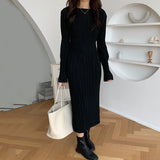 Work Dresses for Teachers Spring and Autumn Retro Simple round Neck Long Sleeve Dress Black Dress