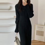 Work Dresses for Teachers Spring and Autumn Retro Simple round Neck Long Sleeve Dress Black Dress
