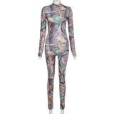Women's Spring Vintage Printed Skinny Hip Raise Long Sleeve Casual Sports One-Piece Trousers
