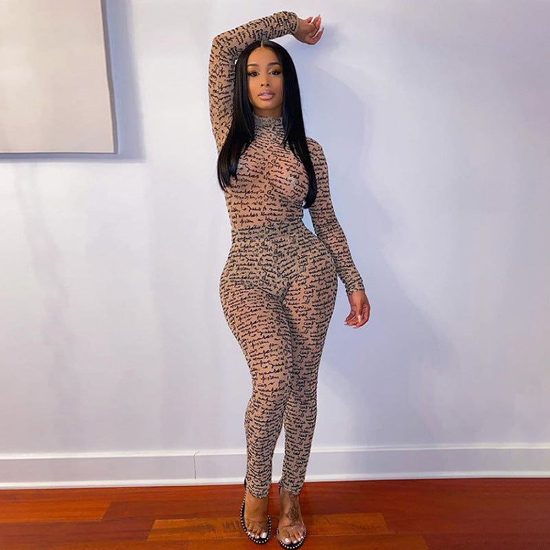 Women's Spring Clothing Printed Slim Fit Hip Raise Stand-up Collar Breathable Sports Jumpsuit