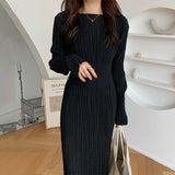 Work Dresses for Teachers Spring and Autumn Retro Simple round Neck Long Sleeve Dress Black Dress