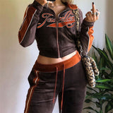 Women Top & Pant 2 Piece Set Autumn and Winter Contrast Color Stitching Letter Embroidery Coat Straight Casual Pants Suit