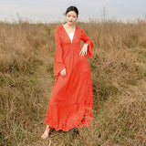 Women Dresses Summer Flared Long Sleeve V-neck Embroidered Maxi Dress