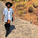 Women Plus Size Denim Coats Fashion Ripped Denim Mid-Length Coat