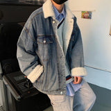 Cotton-Padded Coat Men's Loose Lapels Wool Cotton-Padded Coat Casual Fleece and Thick Denim Jacket Large Size Loose Men Denim Jacket