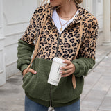 Women Sherpa Jacket Leopard Splicing Winter Coat Top