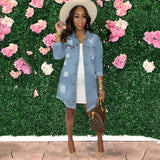 Women Plus Size Denim Coats Ripped Mid-Length Shirt Denim Jacket