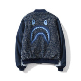 Shark Print Coat Denim Washed Cloth Baseball Cotton Coat Jacket Autumn and Winter Teenagers Men and Women