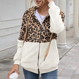 Women Sherpa Jacket Leopard Splicing Winter Coat Top