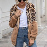 Women Sherpa Jacket Leopard Splicing Winter Coat Top