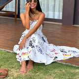 Women Bohemian Dress Sexy Cross Sling Backless Slip Dress Printed Dress