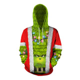 Ugly Christmas Sweater Green Fur Monster 3D Digital Printing Couple Long-Sleeved Sweater Hooded Pullover