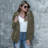 Women Sherpa Jacket Fall Winter Hooded Double-Sided Plush Solid Color Long-Sleeved Fleece Sweater Coat