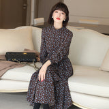 Work Dresses for Teachers Autumn Vintage Dress Loose Slimming and Velvet Padded Floral Dress