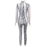 Women's Spring Clothing Fashion Stand-up Collar Slim Fit Printed Sports Jumpsuit