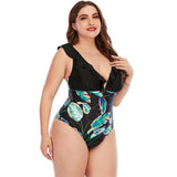 Women Plus Size Swimwear One-Pieces Multicolor Printing Ruffle Swimwear