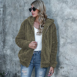 Women Sherpa Jacket Fall Winter Hooded Double-Sided Plush Solid Color Long-Sleeved Fleece Sweater Coat