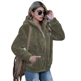 Women Sherpa Jacket Fall Winter Hooded Double-Sided Plush Solid Color Long-Sleeved Fleece Sweater Coat