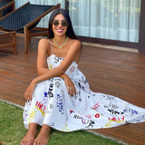 Women Bohemian Dress Sexy Cross Sling Backless Slip Dress Printed Dress
