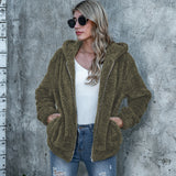 Women Sherpa Jacket Fall Winter Hooded Double-Sided Plush Solid Color Long-Sleeved Fleece Sweater Coat