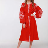 Women Dresses Bohemian Lantern Sleeve Linen Fashion Solid Color Dress