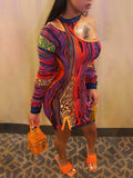 Women Plus Size Mini Dresses Street Color Print Off-Shoulder Bodycon Sexy Dress