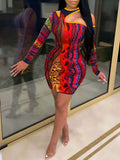 Women Plus Size Mini Dresses Street Color Print Off-Shoulder Bodycon Sexy Dress