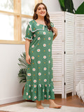 Women plus Size Maxi Dresses Loose Short Sleeve Printed Green Square Collar Dress