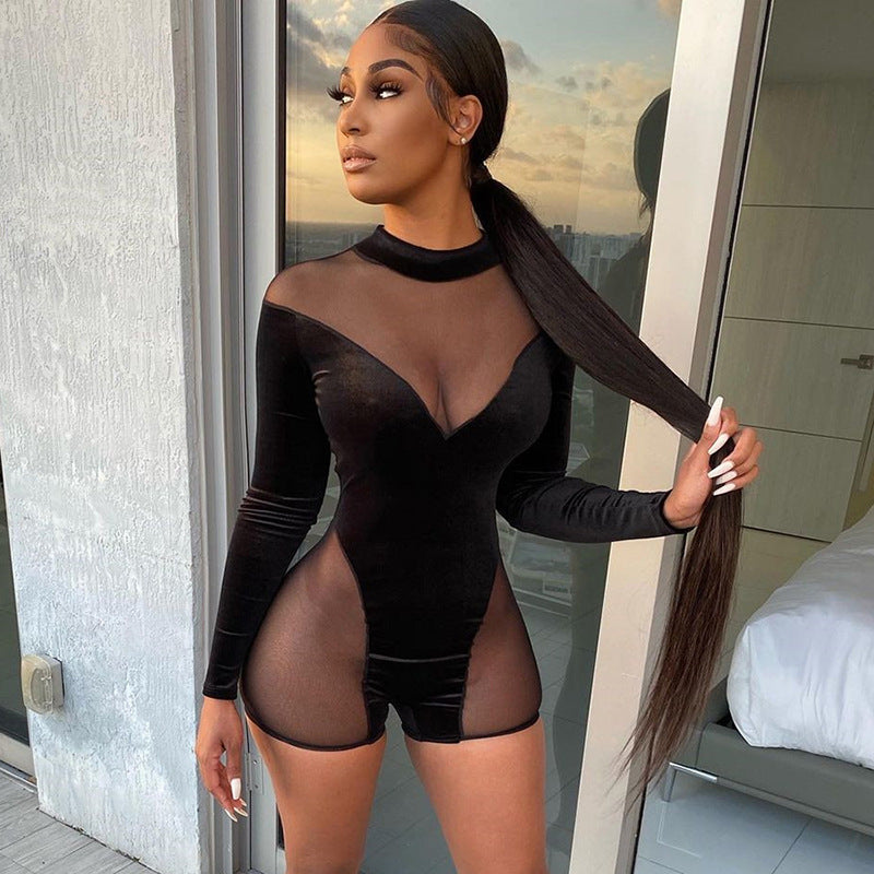 Spring and Summer New Women's Clothing Sexy See-through Stitching Mesh Hip-Lifting Jumpsuit