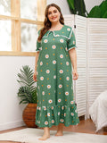 Women plus Size Maxi Dresses Loose Short Sleeve Printed Green Square Collar Dress