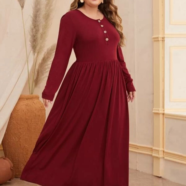 Women Plus Size Maxi Dresses Solid Color Round Neck Button Long Sleeve Dress