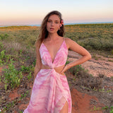 Women Summer Dresses Midi Dress  Sexy Fashion Printed Backless V-neck High Slit Long Dress
