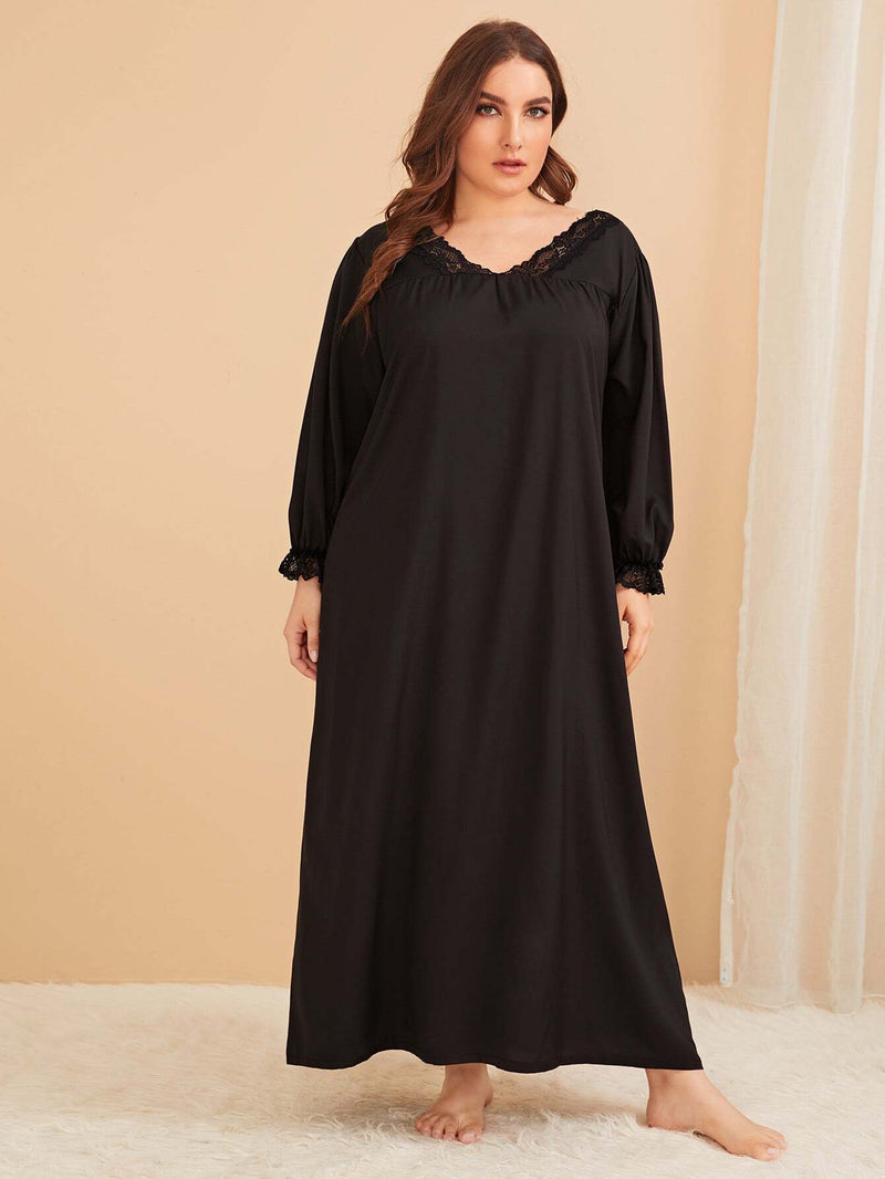 Women Plus Size Maxi Dressesvv Collar Lace Stitching Casual Long Sleeve Dress