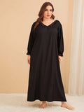 Women Plus Size Maxi Dressesvv Collar Lace Stitching Casual Long Sleeve Dress