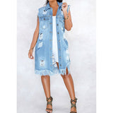 Women Denim Jacket Ripped Tassel Denim Vest Coat Female