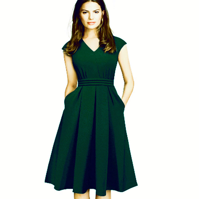 Work Dresses with Pockets Women's Retro Temperament Waist-Controlled Dress Solid Color Slim Dress