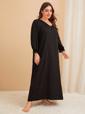 Women Plus Size Maxi Dressesvv Collar Lace Stitching Casual Long Sleeve Dress