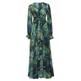 Nina Parker Dresses Lantern Sleeve Green Leaves Printed Dress Thickened