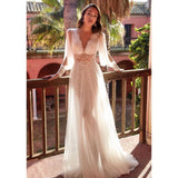 Women Lace Wedding Dress Long Sleeve Wedding Dress V-neck Lace Maxi Dress Gown
