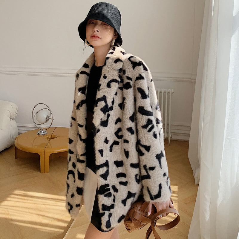 Women Dalmatian Coat Marten Overcoats Imitated Mink Leopard Print Women
