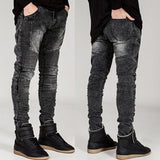 J Shaped Jeans Fashion Brand Motorcycle Pants Pleated Slim Fit Skinny Micro Elastic Jeans